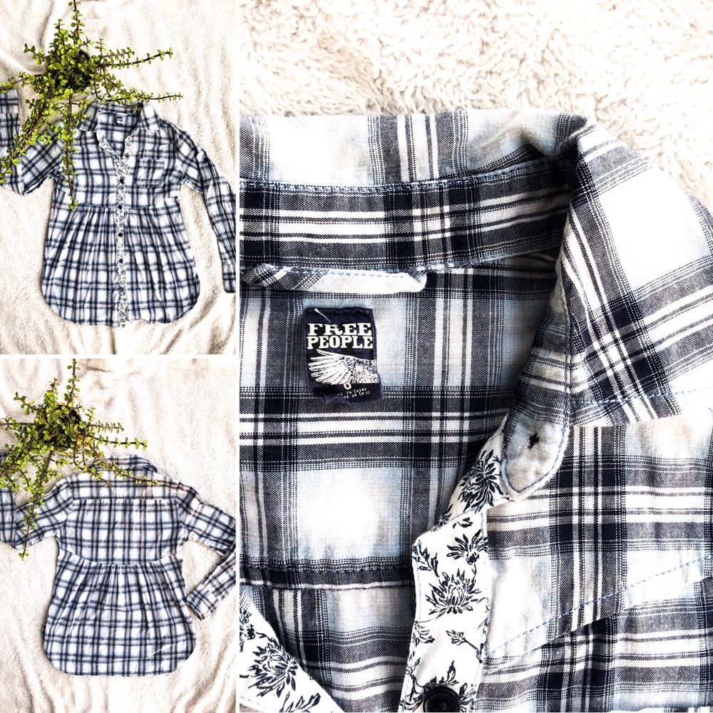Free People navy plaid blouse with buttons. - Picture 1 of 1